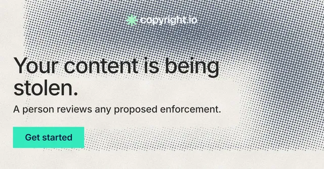 Social ad for copyright.io: "Your content is being stolen." Swiss style, skeleton layout, light palette in grey, yellow, green.