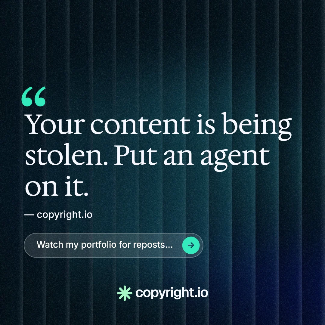 Instagram post for copyright.io: "Evidence, documented." Agentic glass style, quote layout, dark palette in black, blue, grey.