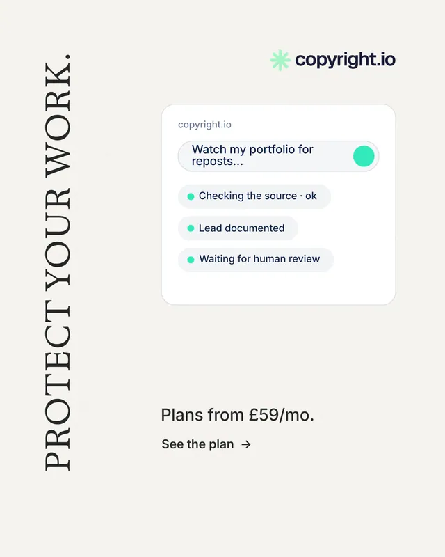 Instagram portrait post for copyright.io: "Protect your work." Minimal luxury style, vertical layout, light palette in white.