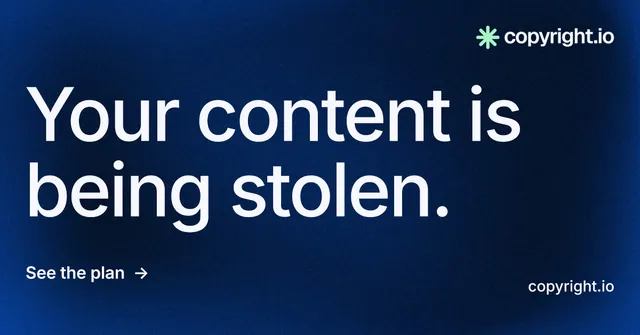 Social ad for copyright.io: "Your content is being stolen." Minimal luxury style, poster layout, dark palette in blue, black.