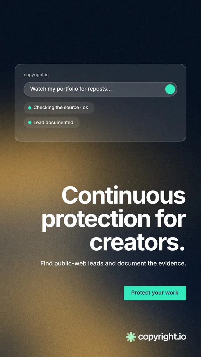 Instagram story for copyright.io: "Continuous protection for creators." Swiss style, right layout, dark palette in black, orange, grey.