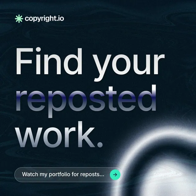 Instagram post for copyright.io: "Find your reposted work." Agentic glass style, poster layout, dark palette in black, blue, grey.