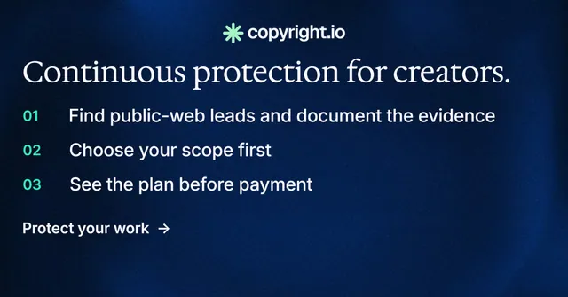 Social ad for copyright.io: "Continuous protection for creators." Minimal luxury style, numbered layout, dark palette in blue, black.