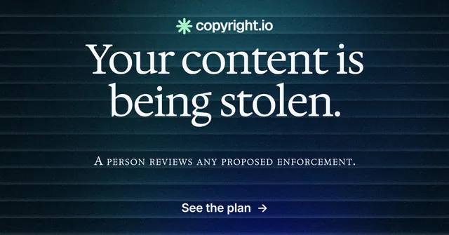 Social ad for copyright.io: "Your content is being stolen." Minimal luxury style, smallcaps layout, dark palette in blue, black.
