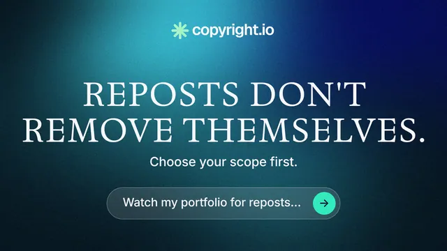 Landscape graphic for copyright.io: "Reposts don't remove themselves." Agentic glass style, skeleton layout, dark palette in blue, teal.