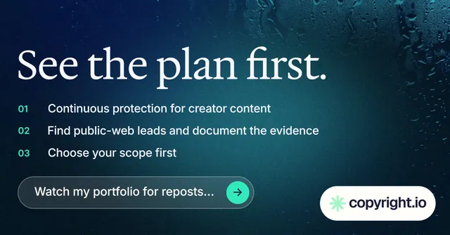 Social ad for copyright.io: "See the plan first." Agentic glass style, numbered layout, dark palette in black, blue, teal.