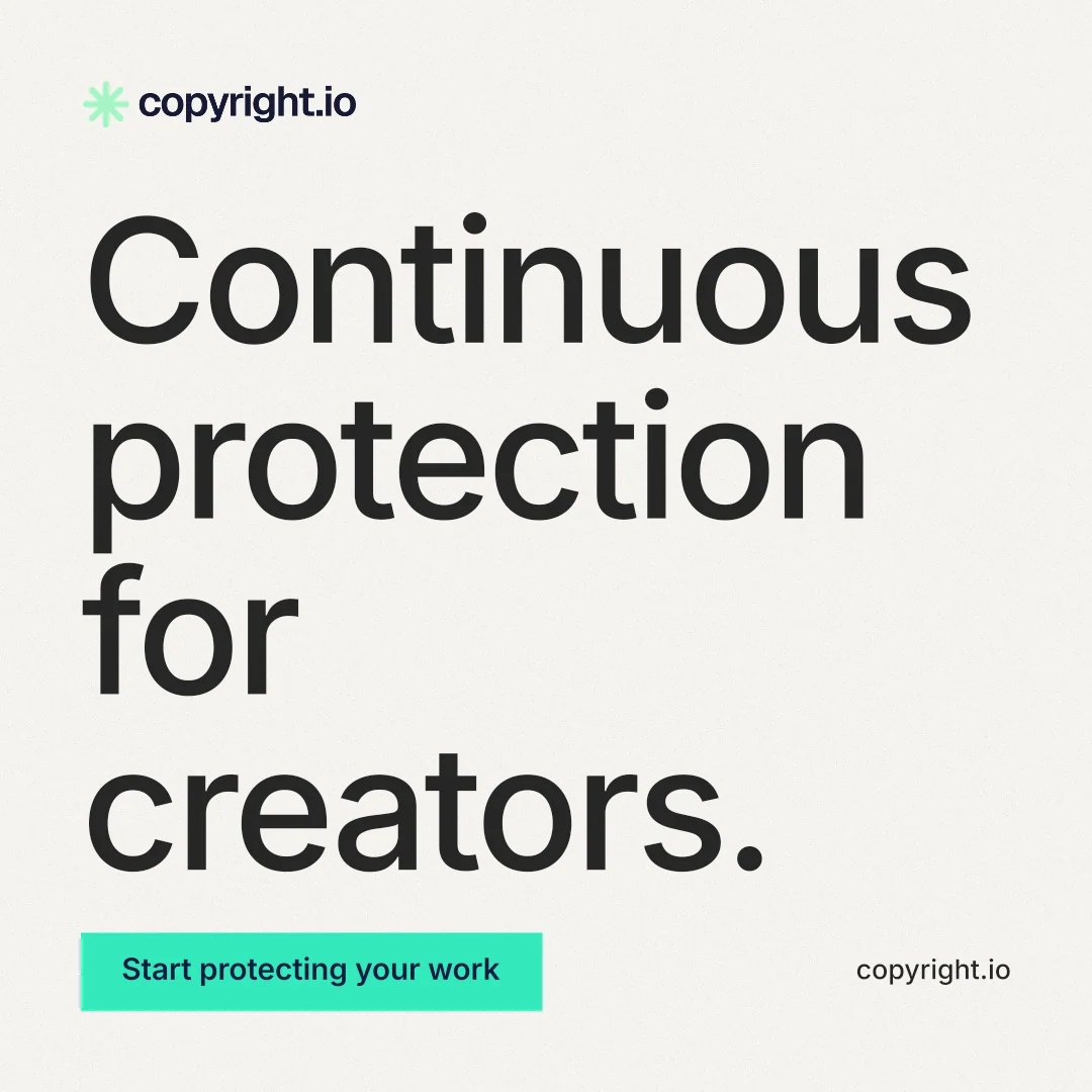 Instagram post for copyright.io: "Continuous protection for creators." Swiss style, poster layout, light palette in white, grey, green.