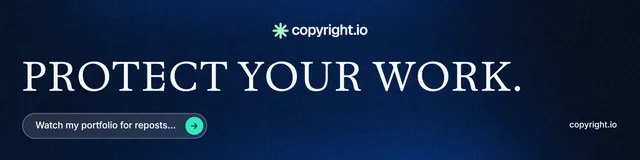LinkedIn banner for copyright.io: "Protect your work." Agentic glass style, poster layout, dark palette in blue, black.