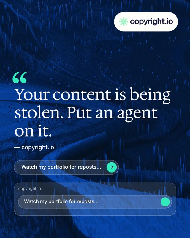 Instagram portrait post for copyright.io: "Your content is being stolen." Agentic glass style, quote layout, dark palette in blue, black.