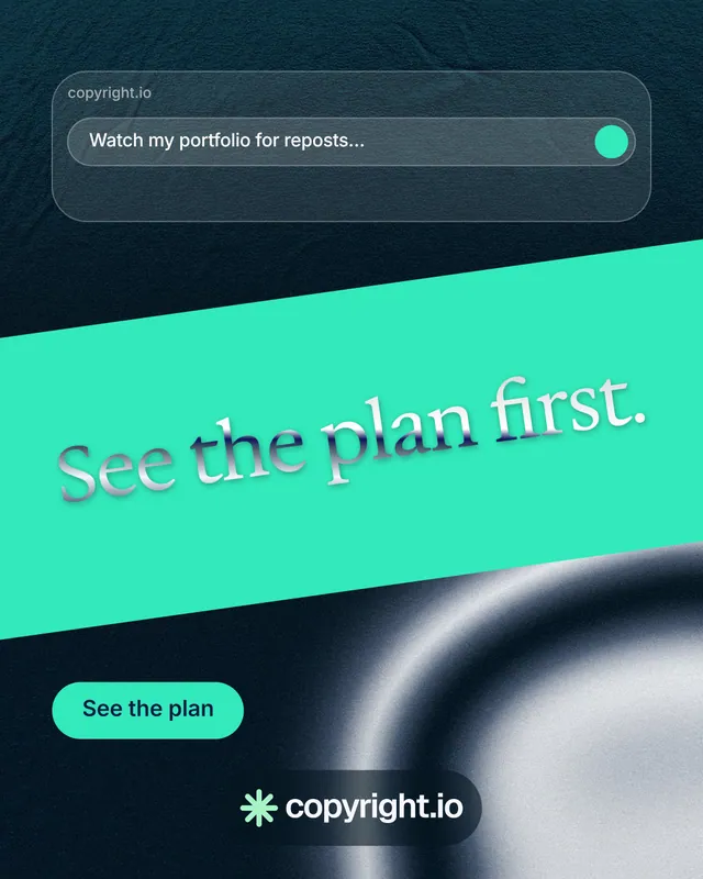 Instagram portrait post for copyright.io: "See the plan first." Y2K style, diagonal layout, dark palette in black, teal, blue.
