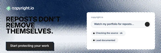 X header for copyright.io: "Reposts don't remove themselves." Brutalist style, bottom layout, light palette in blue, grey, white.
