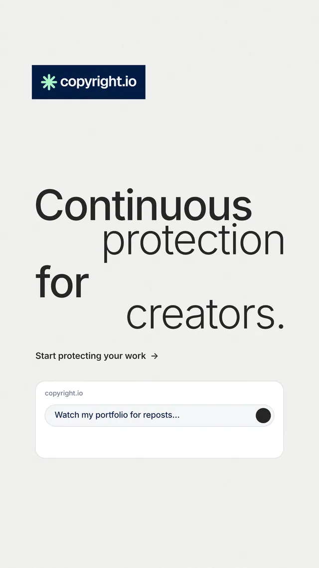 Instagram story for copyright.io: "Continuous protection for creators." Minimal luxury style, stacked layout, light palette in white, grey.