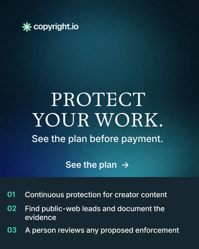 Instagram portrait post for copyright.io: "Protect your work." Minimal luxury style, skeleton layout, dark palette in blue, black.