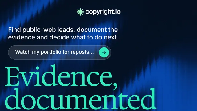 Landscape graphic for copyright.io: "Reposts don't remove themselves." Agentic glass style, oversized layout, dark palette in blue, black, teal.