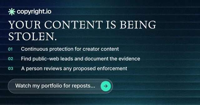 Social ad for copyright.io: "Your content is being stolen." Agentic glass style, numbered layout, dark palette in blue, black, grey.