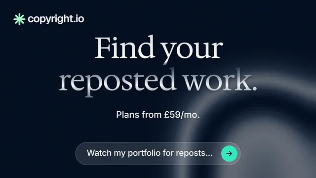 Landscape graphic for copyright.io: "Find your reposted work." Agentic glass style, centred layout, dark palette in black, grey, blue.