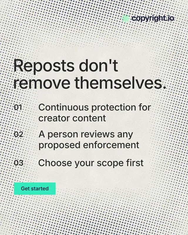 Instagram portrait post for copyright.io: "Reposts don't remove themselves." Swiss style, numbered layout, light palette in white, yellow, grey.