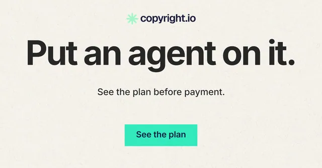 Social ad for copyright.io: "Put an agent on it." Swiss style, centred layout, light palette in white, grey.