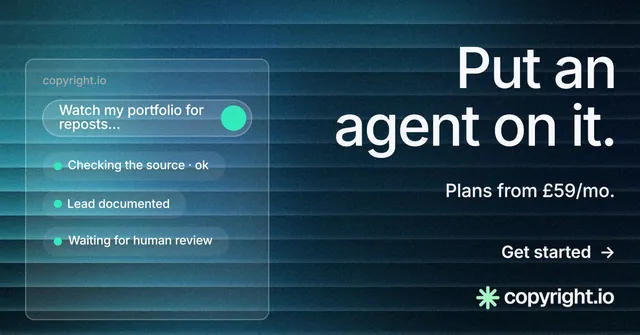 Social ad for copyright.io: "Put an agent on it." Minimal luxury style, right layout, dark palette in black, blue, teal.