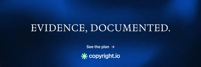X header for copyright.io: "Evidence, documented." Minimal luxury style, centred layout, dark palette in blue, black.