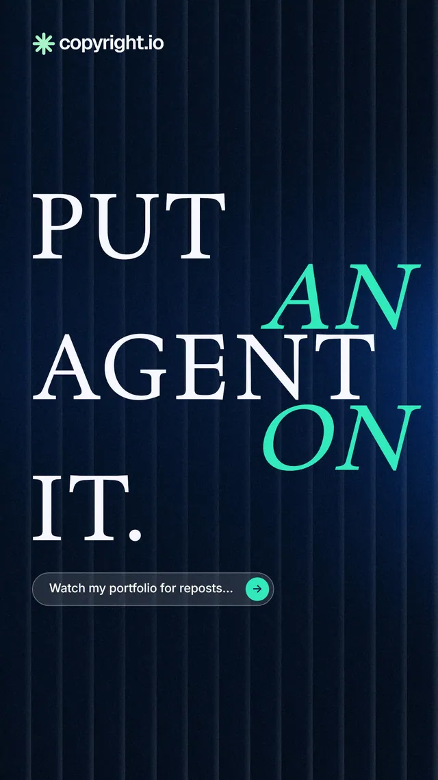 Instagram story for copyright.io: "Put an agent on it." Agentic glass style, stacked layout, dark palette in black, blue.
