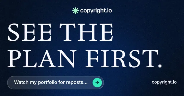 Social ad for copyright.io: "See the plan first." Agentic glass style, poster layout, dark palette in blue, black.