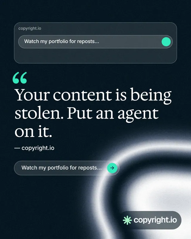Instagram portrait post for copyright.io: "Evidence, documented." Agentic glass style, quote layout, dark palette in black, blue, grey.