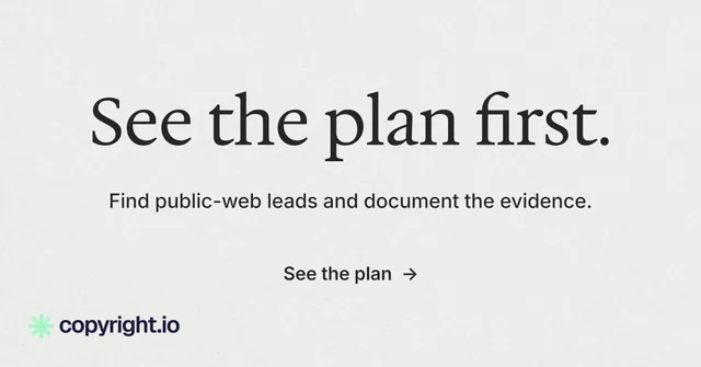 Social ad for copyright.io: "See the plan first." Minimal luxury style, centred layout, light palette in white.