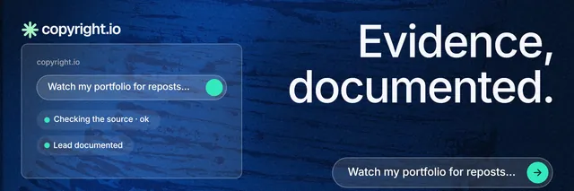 X header for copyright.io: "Evidence, documented." Agentic glass style, right layout, dark palette in blue, black.