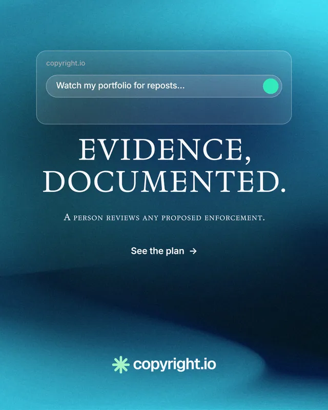 Instagram portrait post for copyright.io: "Evidence, documented." Minimal luxury style, smallcaps layout, dark palette in blue, teal.