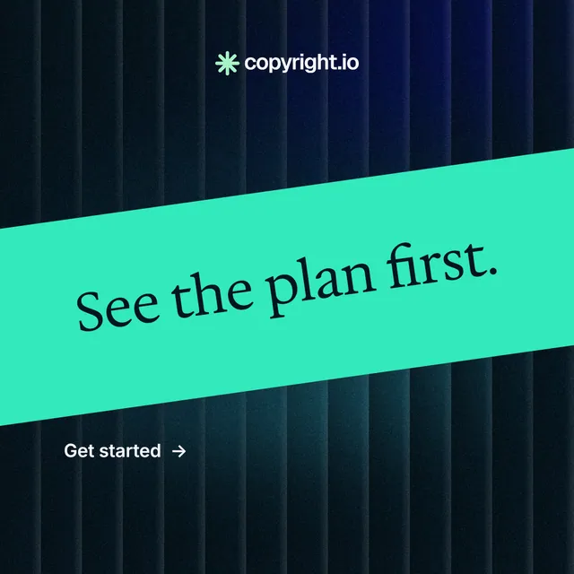 Instagram post for copyright.io: "See the plan first." Minimal luxury style, diagonal layout, dark palette in teal, black.
