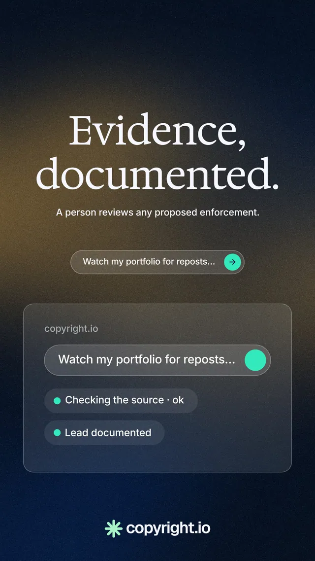 Instagram story for copyright.io: "Evidence, documented." Agentic glass style, centred layout, dark palette in black, blue, grey.