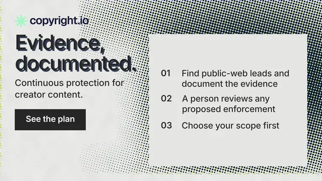 Landscape graphic for copyright.io: "Evidence, documented." Retro print style, skeleton layout, light palette in white, grey.