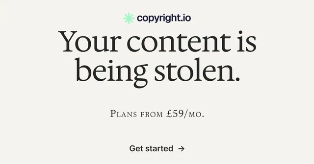 Social ad for copyright.io: "Your content is being stolen." Editorial style, smallcaps layout, light palette in white, grey.