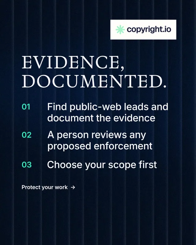 Instagram portrait post for copyright.io: "Evidence, documented." Minimal luxury style, numbered layout, dark palette in black, grey, blue.