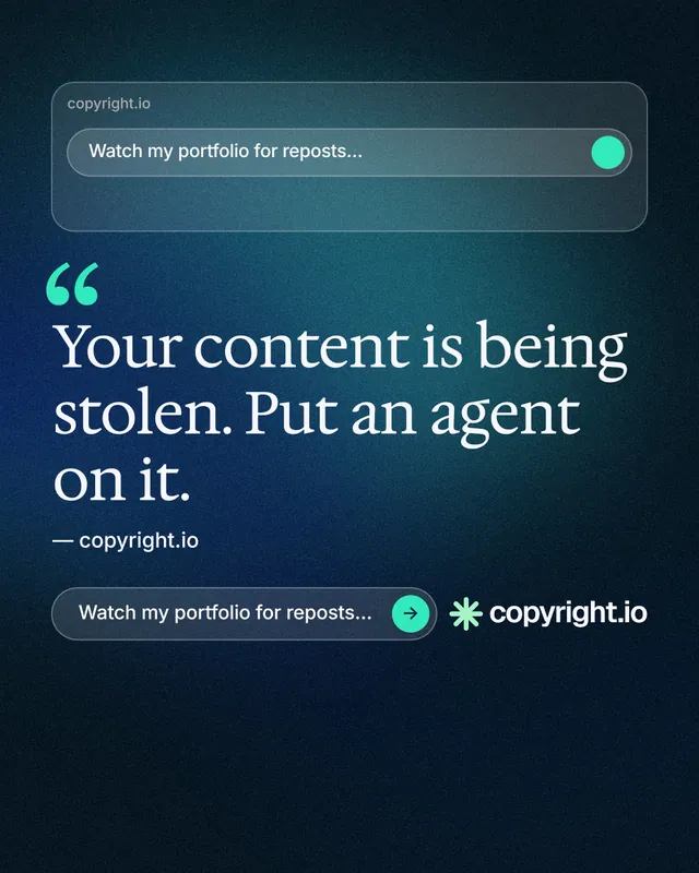 Instagram portrait post for copyright.io: "Evidence, documented." Agentic glass style, quote layout, dark palette in blue, black.