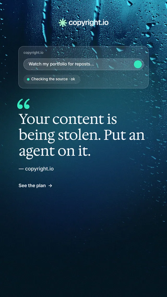 Instagram story for copyright.io: "Reposts don't remove themselves." Minimal luxury style, quote layout, dark palette in blue, black.