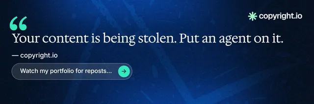 X header for copyright.io: "Evidence, documented." Agentic glass style, quote layout, dark palette in black, blue.