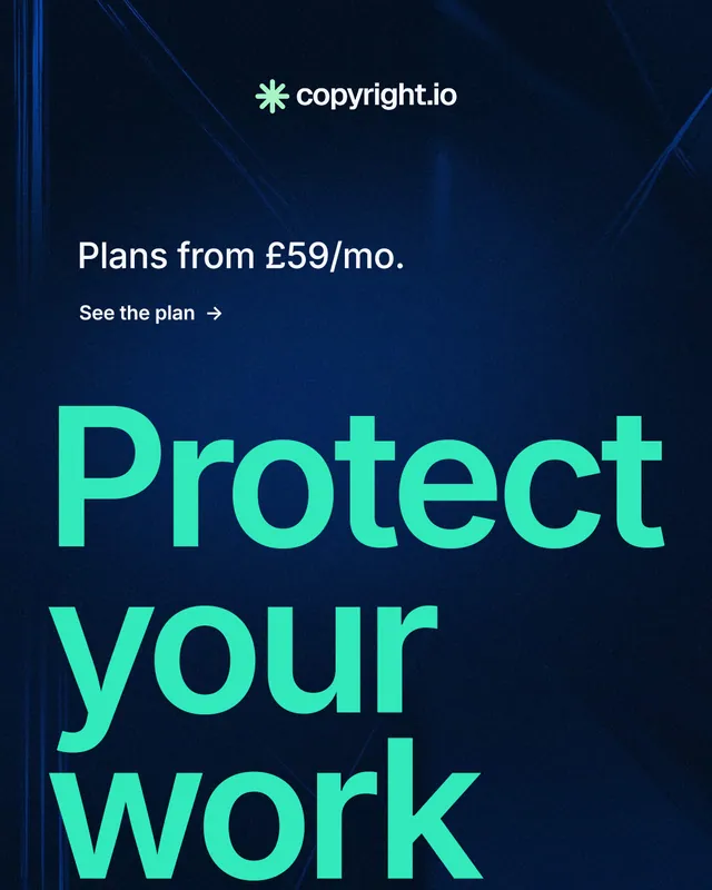 Instagram portrait post for copyright.io: "Put an agent on it." Minimal luxury style, oversized layout, dark palette in blue, black, teal.
