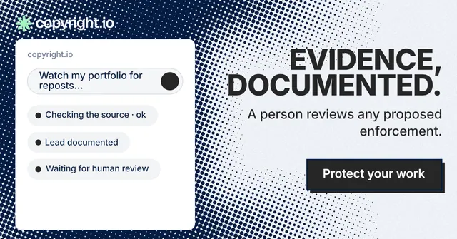 Social ad for copyright.io: "Evidence, documented." Brutalist style, right layout, light palette in white, blue, grey.
