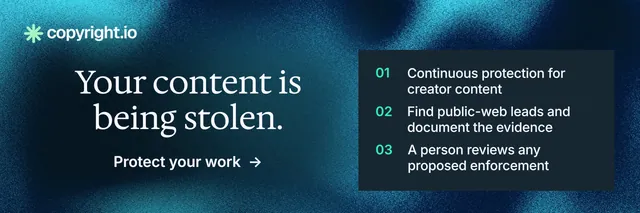 X header for copyright.io: "Your content is being stolen." Minimal luxury style, skeleton layout, dark palette in blue, black, teal.