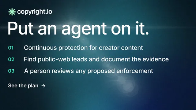 Landscape graphic for copyright.io: "Put an agent on it." Minimal luxury style, numbered layout, dark palette in black, blue, grey.