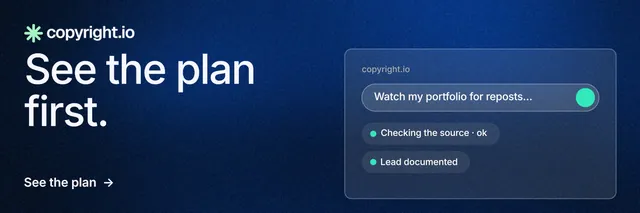 X header for copyright.io: "See the plan first." Minimal luxury style, bottom layout, dark palette in blue, black.