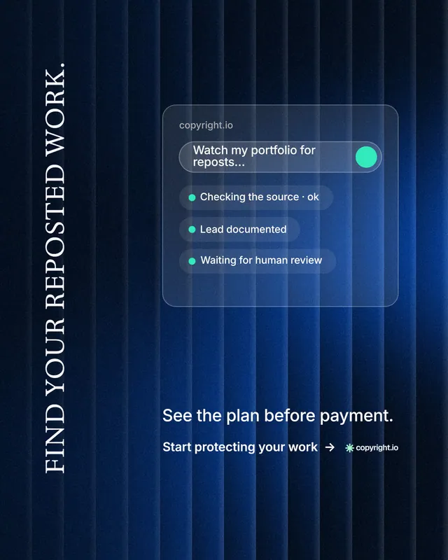 Instagram portrait post for copyright.io: "Find your reposted work." Minimal luxury style, vertical layout, dark palette in blue, black.