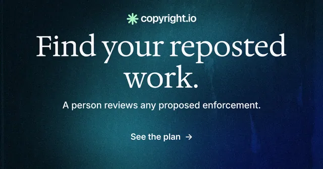 Social ad for copyright.io: "Find your reposted work." Minimal luxury style, centred layout, dark palette in blue, black.