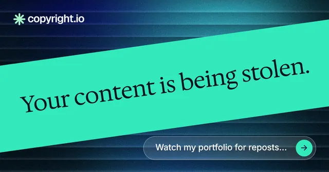 Social ad for copyright.io: "Your content is being stolen." Agentic glass style, diagonal layout, light palette in teal, blue.