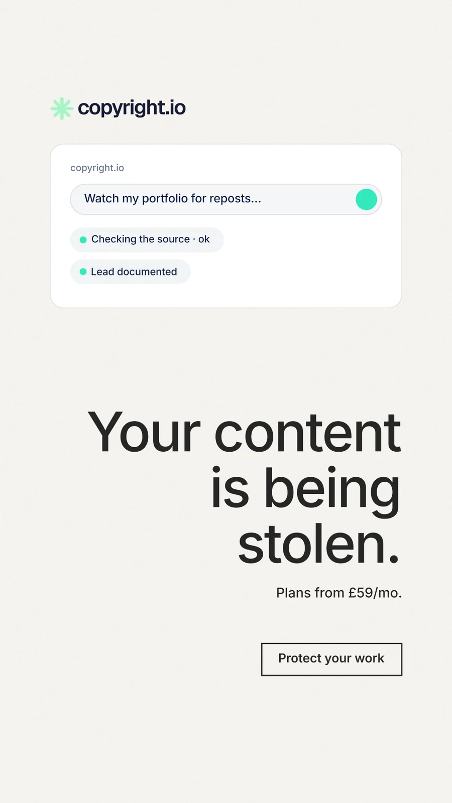Instagram story for copyright.io: "Your content is being stolen." Editorial style, right layout, light palette in white, grey.