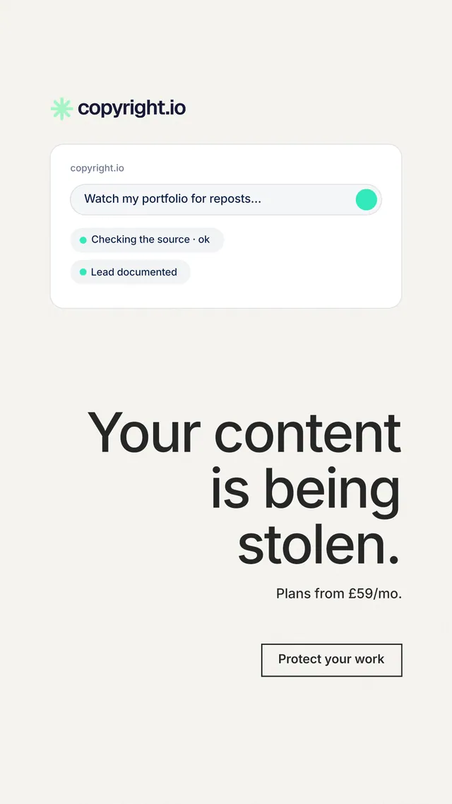 Instagram story for copyright.io: "Your content is being stolen." Editorial style, right layout, light palette in white, grey.