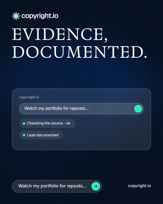 Instagram portrait post for copyright.io: "Evidence, documented." Agentic glass style, poster layout, dark palette in blue, black.