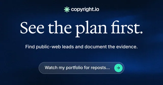 Social ad for copyright.io: "See the plan first." Agentic glass style, centred layout, dark palette in blue, black.